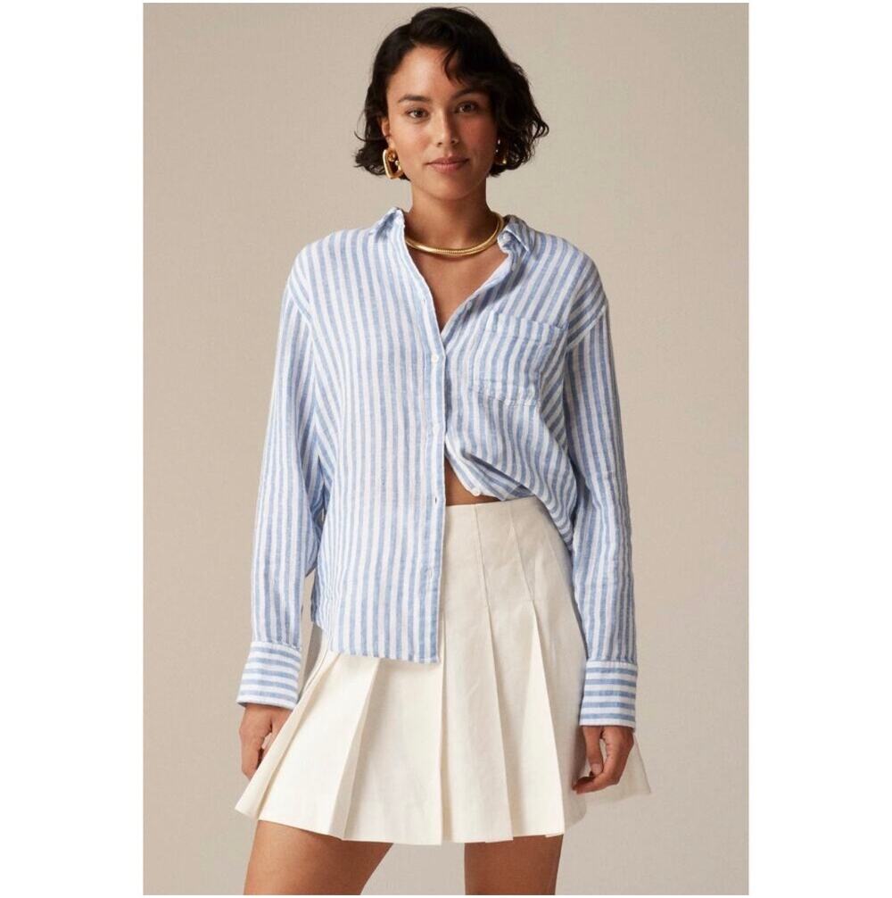 J.Crew Top Womens 6 Blue White Garçon Classic Striped Cotton Linen Blend Gauze
